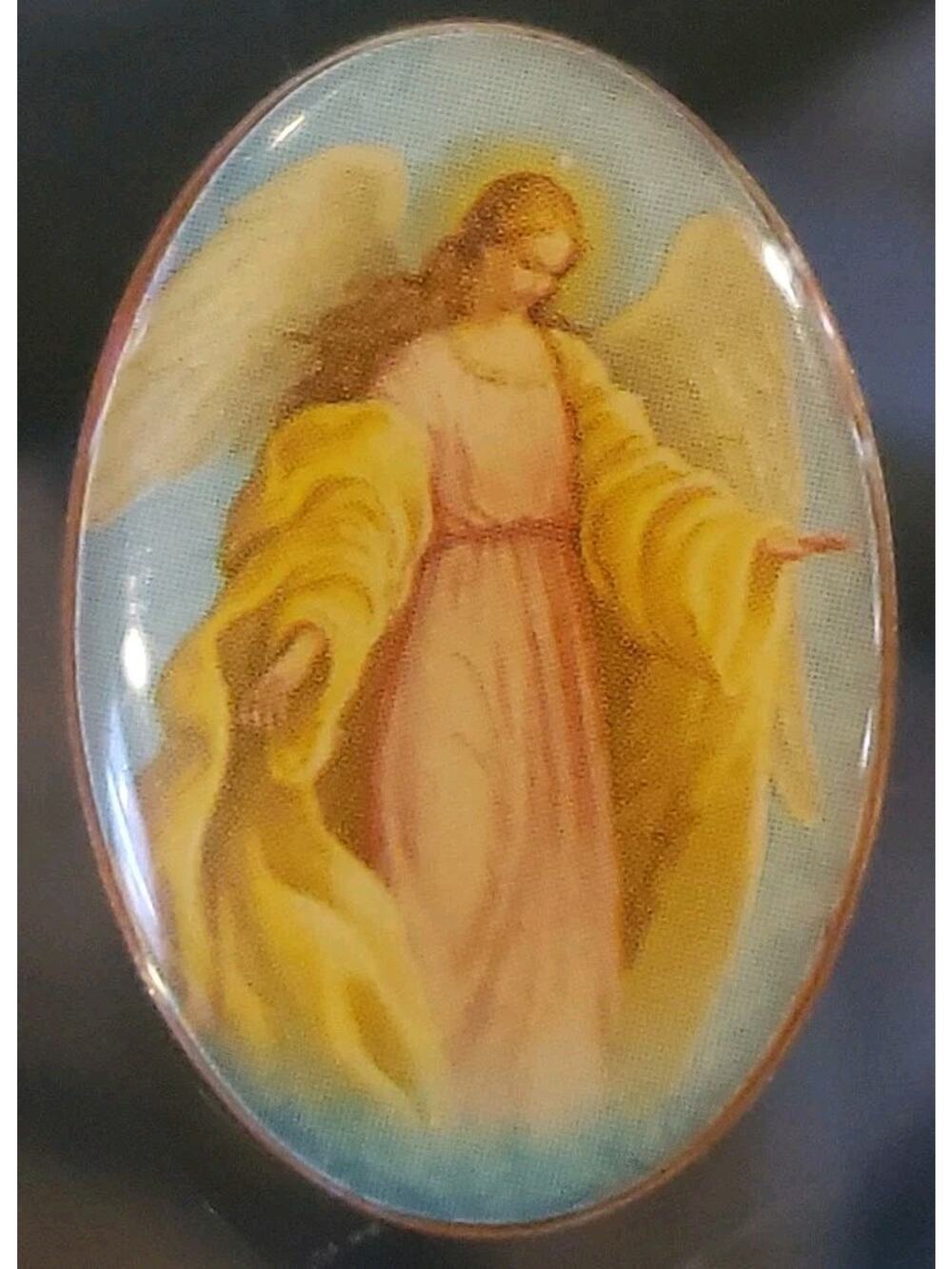 Vintage Guardian Angel Lapel Pin Oval Gold Tone Pictorial 1.15"